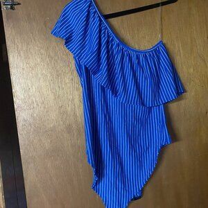 Mark Womens Blue and White One-Shoulder Striped Bodysuit
